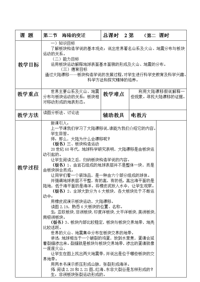 地理七年級(jí)上人教新課標(biāo)2.2 海陸的變遷教案第1頁