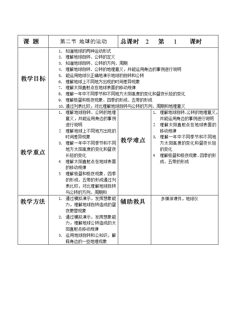 地理七年級上人教新課標(biāo)1.2 地球的運動教案1第1頁
