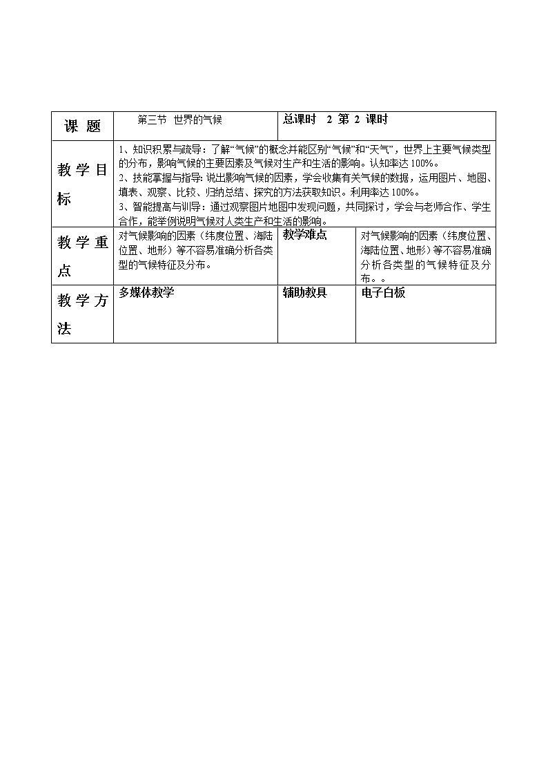 地理七年级上人教新课标3.4 世界的气候第二课时教案第1页