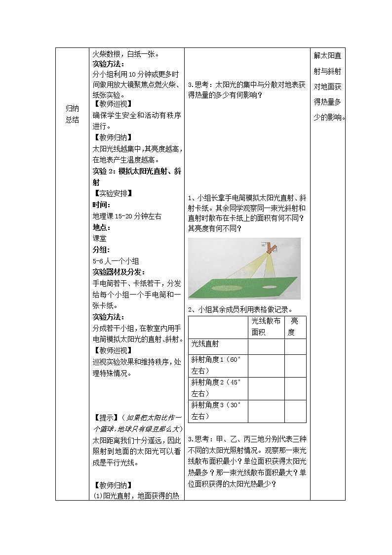 【商务星球版】七年级地理上册第1章活动课 太阳光直射、斜射对面获得热量的影响(1)教案02