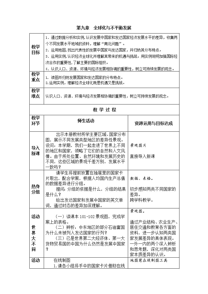 商務(wù)星球版七年級地理下冊 第九章 全球化與不平衡發(fā)展 教案第1頁