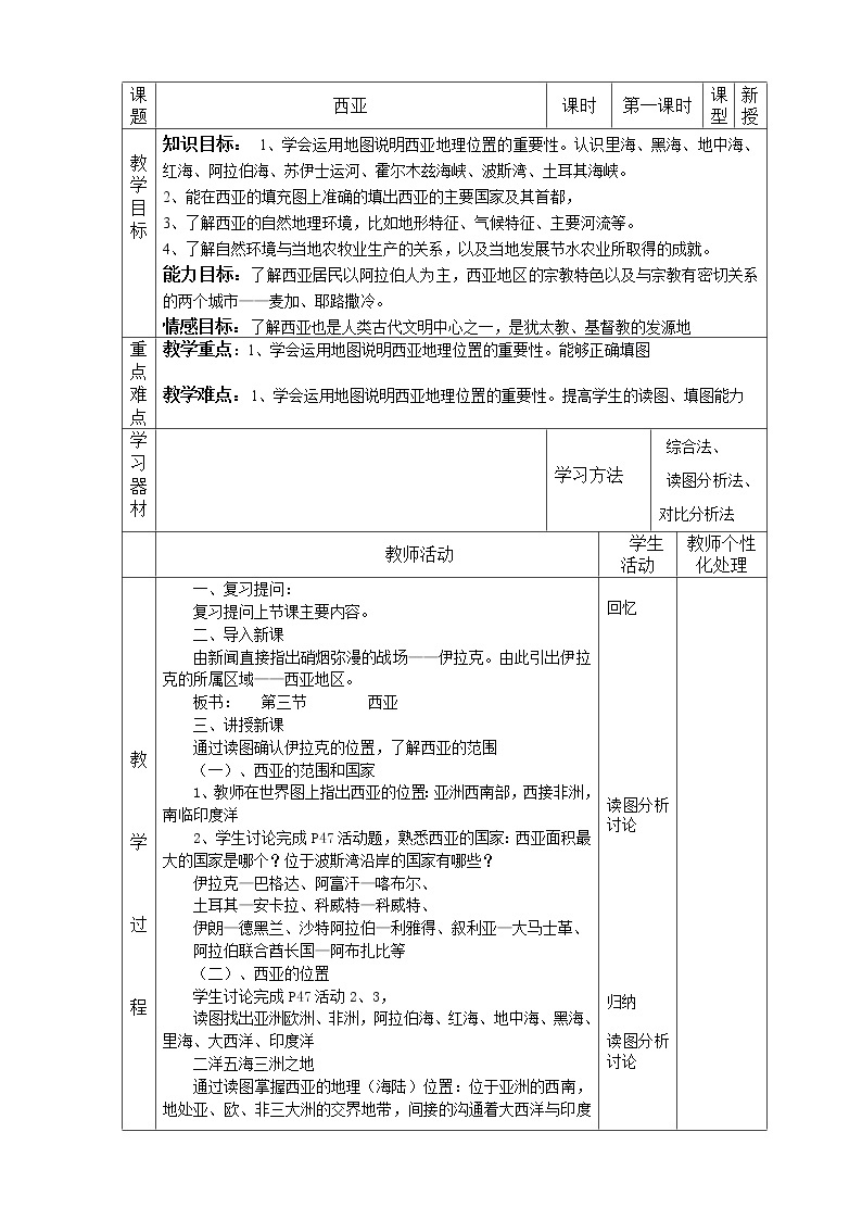 湘教版七下地理 7.3西亚  教案01