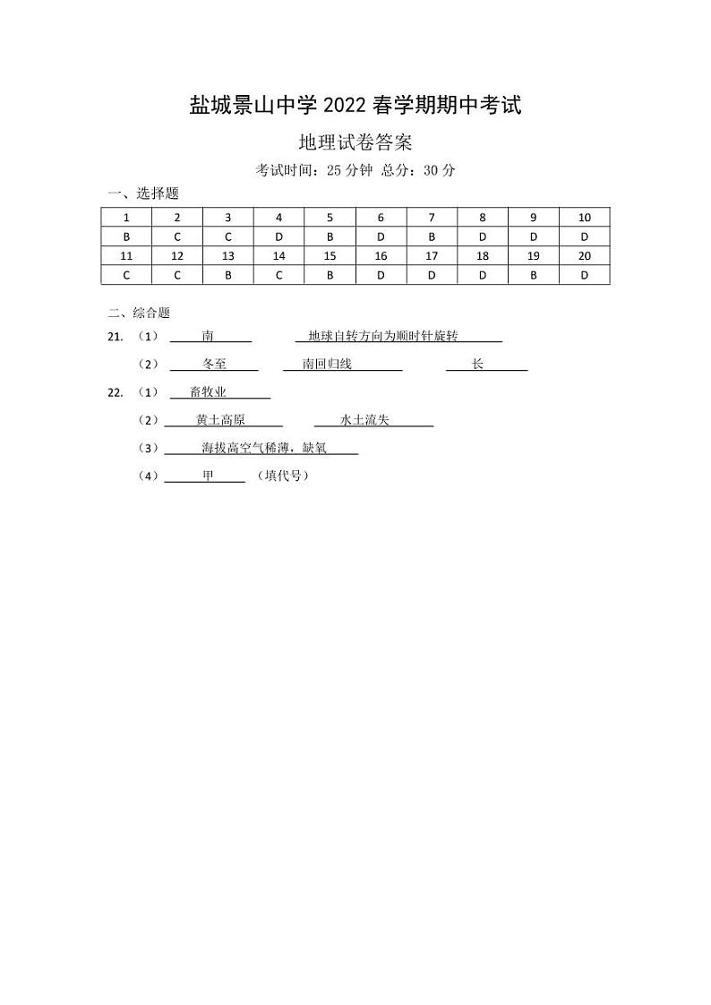 江苏省盐城市景山初级中学2021-2022学年八年级下学期期中考试地理试题(PDF版含答案)01