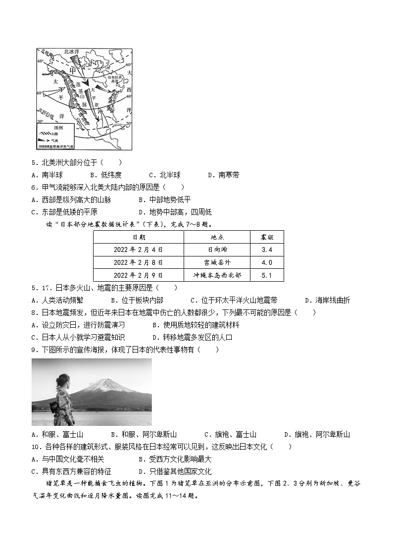 陕西省咸阳市武功县2021-2022学年七年级下学期期中地理试题(word版含答案)02