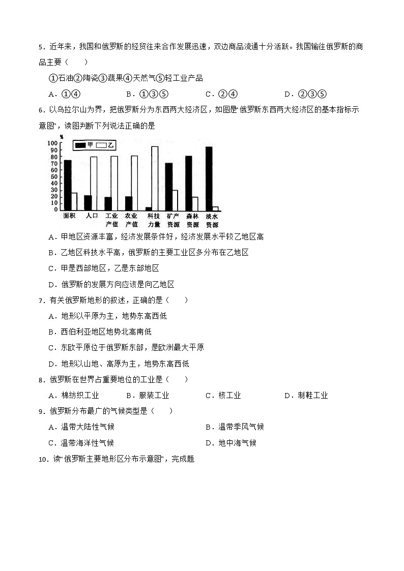 初中地理晋教版七年级下册10.1俄罗斯——世界上面积最大的国家 同步练习第2页