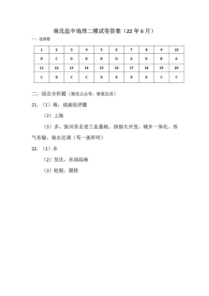 【南北鹽中】初二地理二模答案(22年6月4日)第1頁