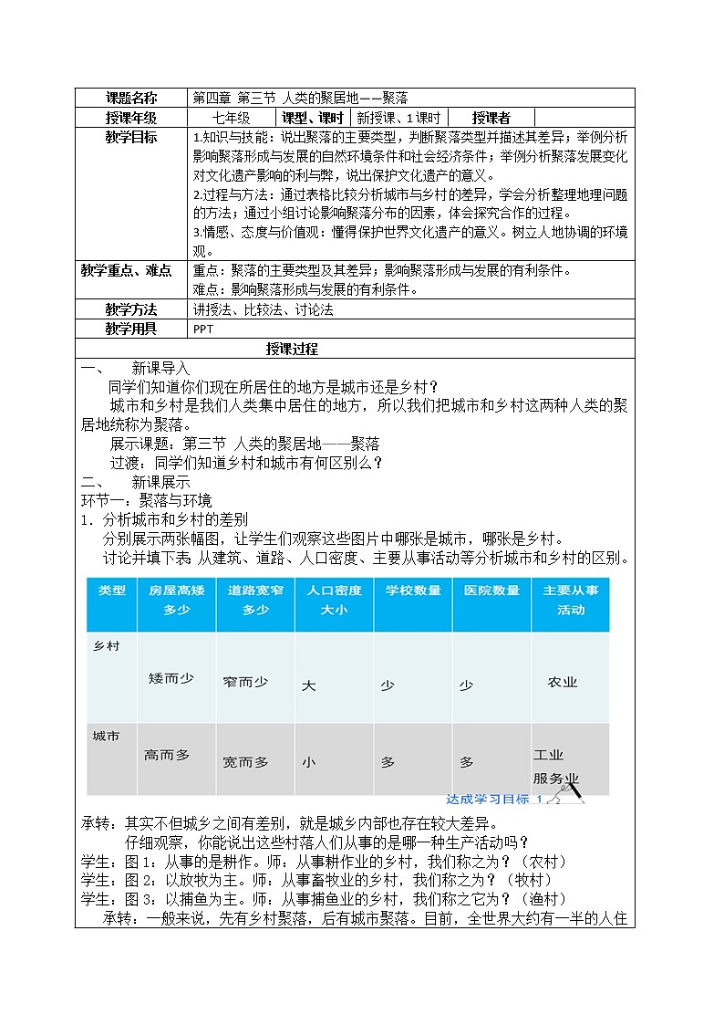人教七上地理 4.3人类的聚居地 聚落 教案第1页