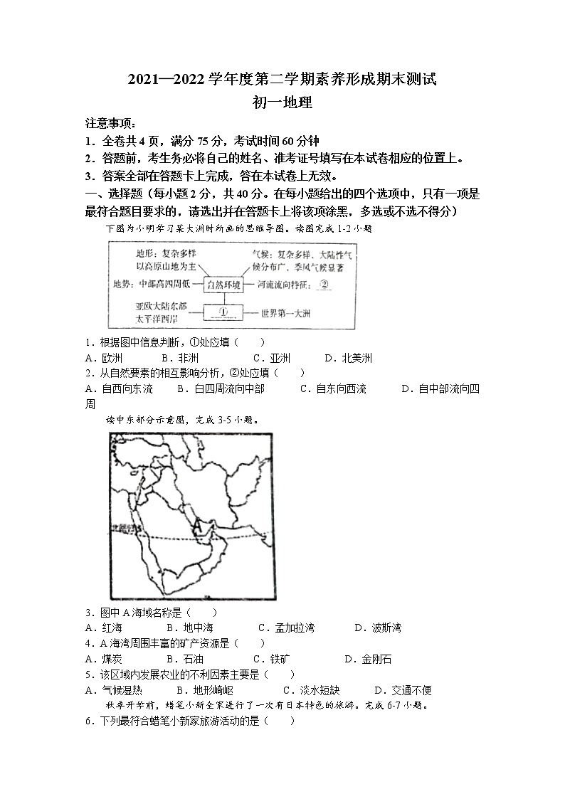 山西省临汾市部分区县联考2021-2022学年七年级下学期期末地理试题(含答案)01