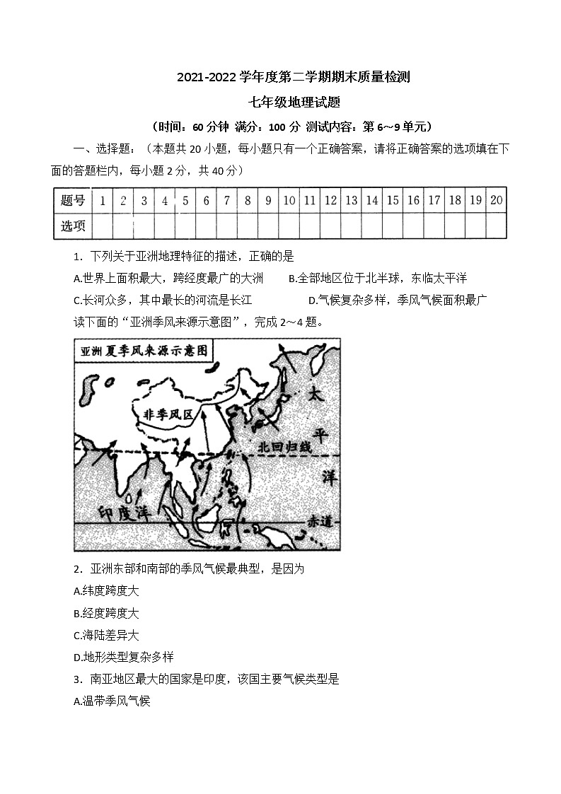 山东省济宁市兖州区2021-2022学年七年级下学期期末测评地理试卷(无答案)第1页