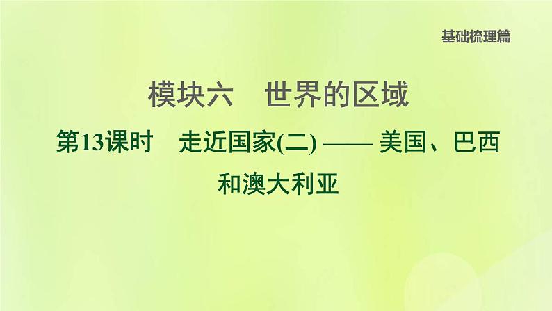 福建专版中考地理复习模块6世界的区域第13课时走近国家2-美国巴西和澳大利亚课堂教学课件第1页