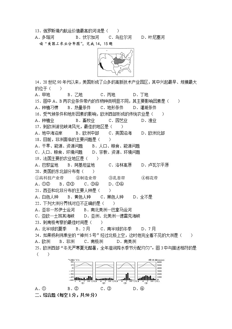 甘肃省张掖市临泽县2021-2022学年七年级下学期期末地理试题(无答案)02