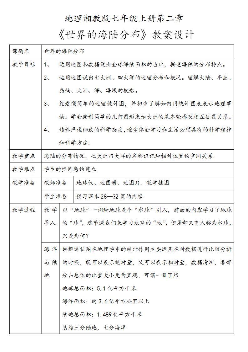 湘教版地理七年级上册第二章第二节《世界的海陆分布》课件+教案01