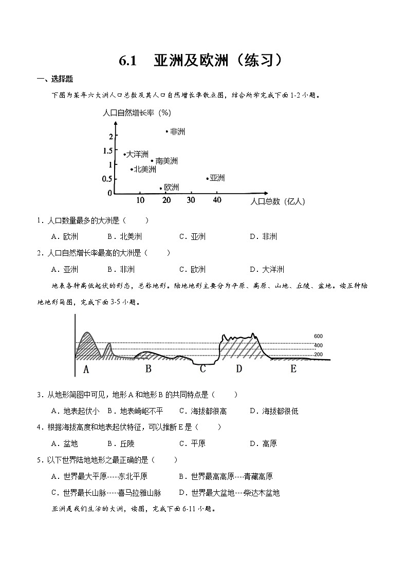 6.1 亚洲及欧洲(练习)-2022-2023学年七年级地理下册同步备课系列(湘教版)01