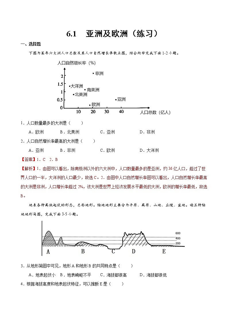 6.1 亚洲及欧洲(练习)-2022-2023学年七年级地理下册同步备课系列(湘教版)01