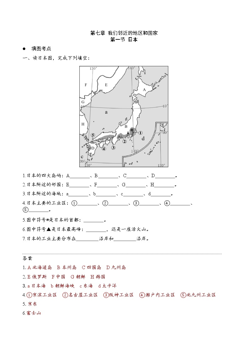 7.1日本（要点、填图、课本答案）-2022-2023学年七年级地理下册同步备课（人教版） 试卷02