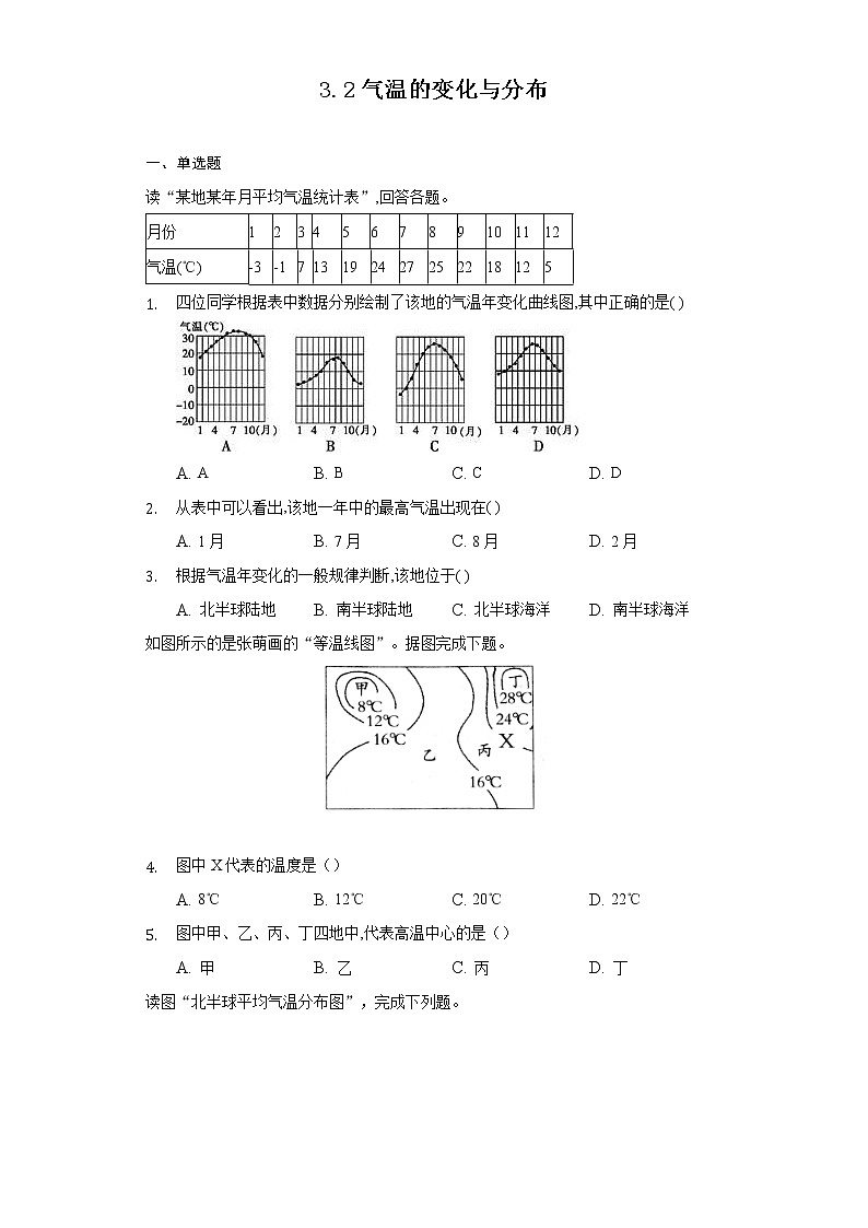 3.2气温的变化与分布同步练习-人教版地理七年级上册含答案第1页
