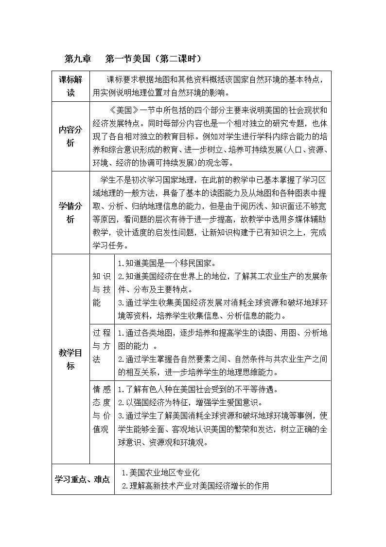 初中地理7下第9章 西半球的國家 第1節(jié)美國2 精品教案第1頁