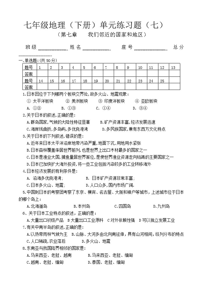 初中地理7下(第7单元我们邻近的国家和地区试卷第1页