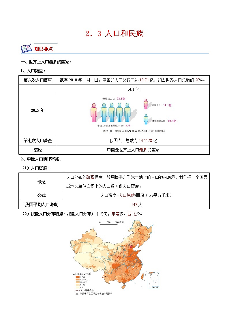 【培优分级练】中图·北京版 地理七年级上册 2.3《人口和民族》同步分级练(含解析)01
