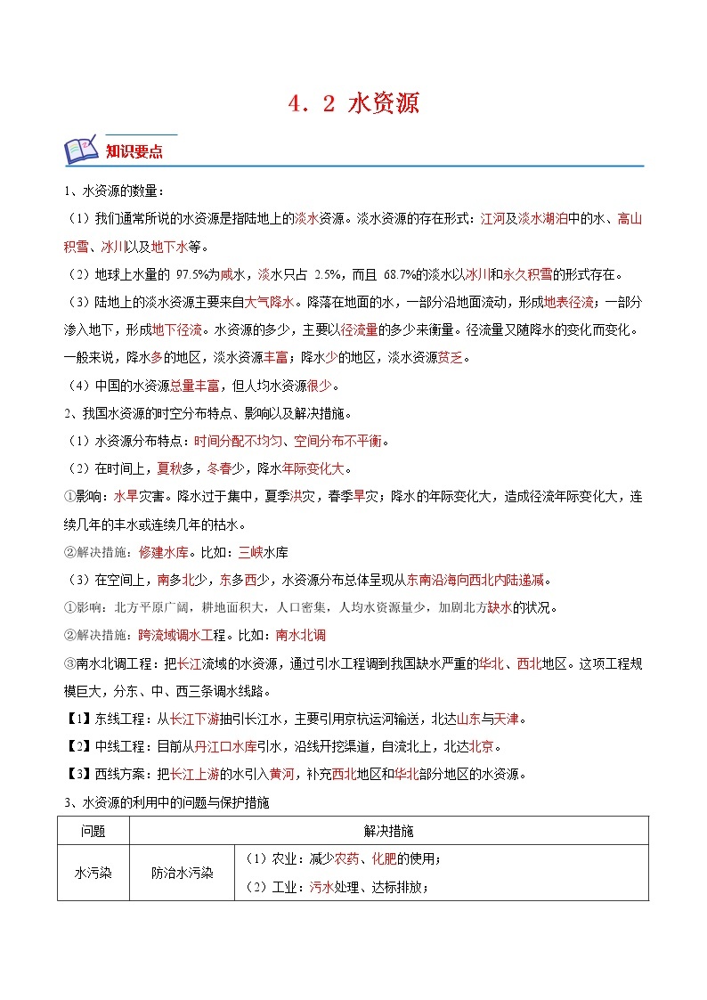 【培优分级练】中图·北京版 地理七年级上册 4.2《水资源》同步分级练（含解析）01