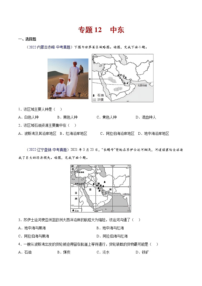 12 中东-三年(2020-2022)中考地理真题分项汇编(全国通用)(原卷版)第1页