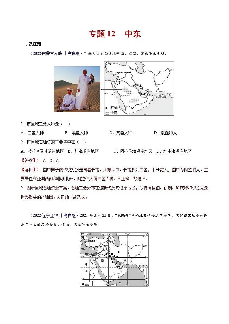 12 中东-三年(2020-2022)中考地理真题分项汇编(全国通用)(解析版)第1页