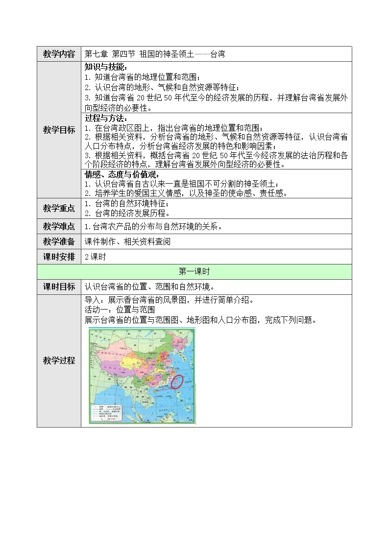 7.4《祖国的神圣领土——台湾省》课件PPT+教案+同步训练+导学案01