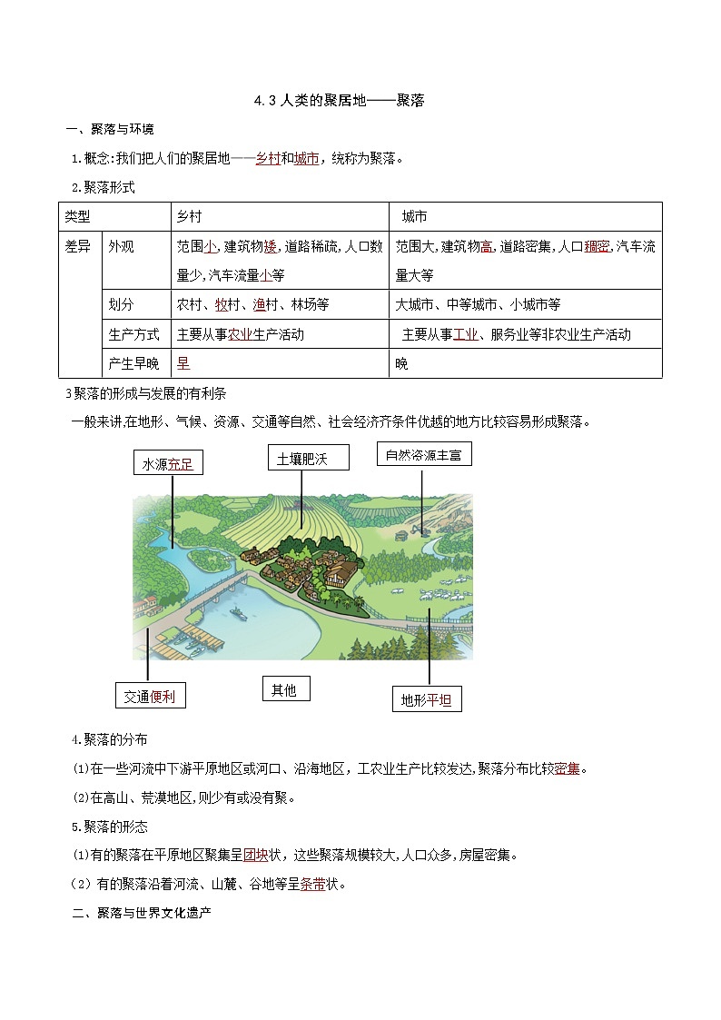 人教版七年级上册期末复习知识清单4.3人类的聚居地——聚落5.0发展与合作(答案版)第1页