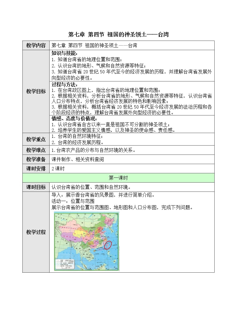 7.4 台湾 课件+教案+学案+同步训练（含解析）人教版八年级地理下册01