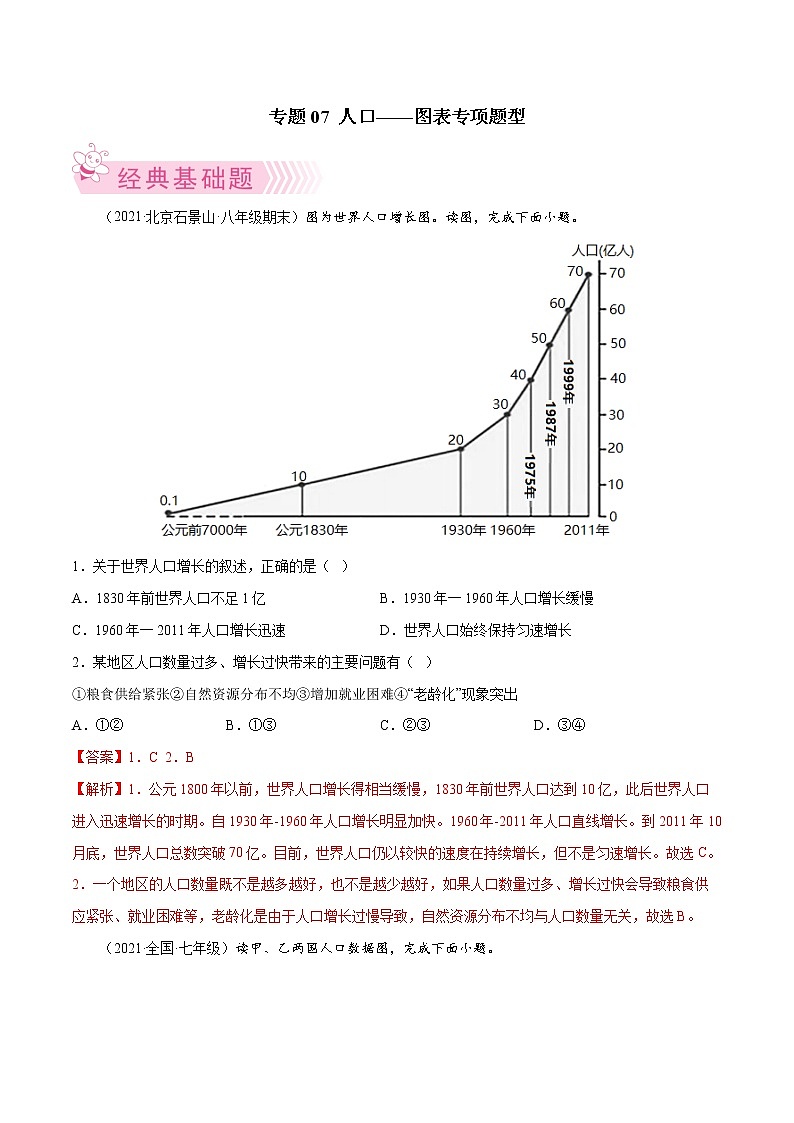【期末好题汇编】人教版地理 七年级上学期期末好题-专题07 人口(图表专项题型)(解析版)第1页
