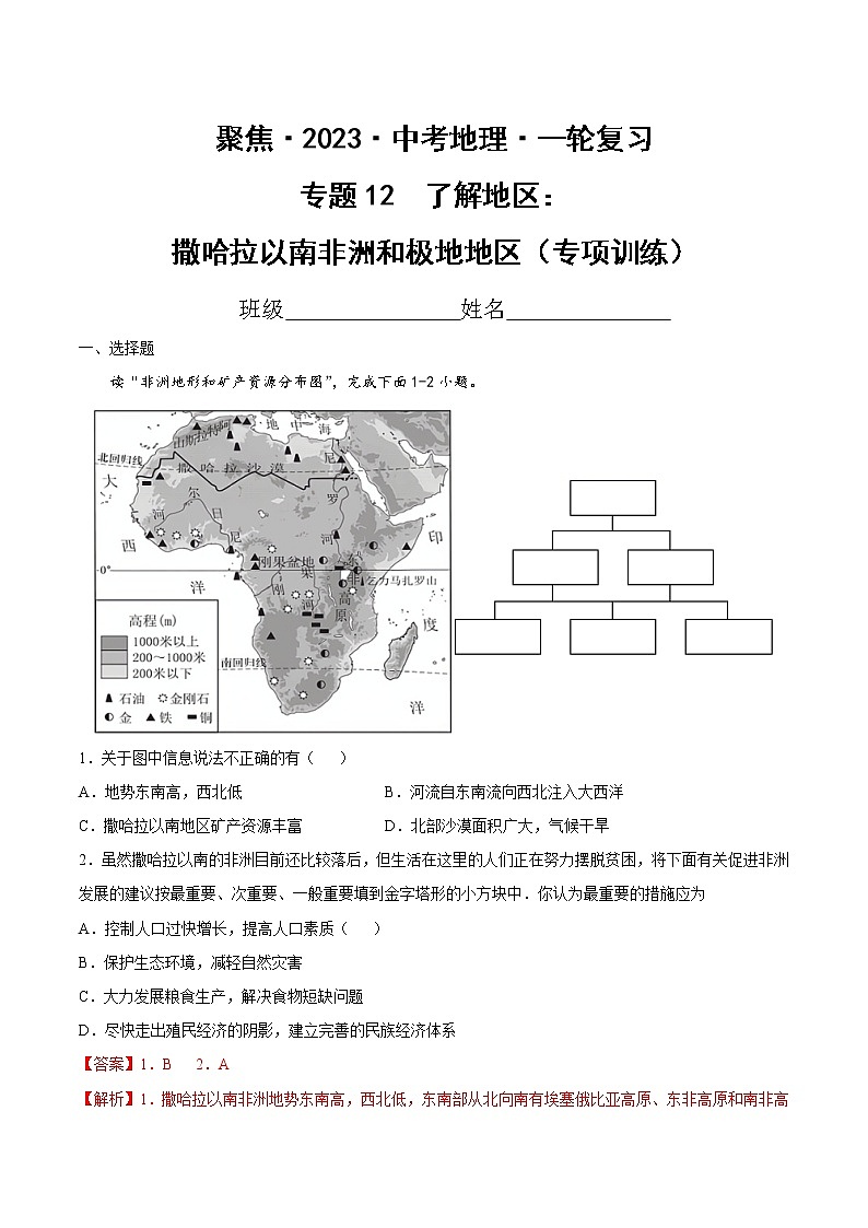 专题12 了解地区:撒哈拉以南非洲和极地地区(达标训练)-【聚焦中考】2023年中考地理一轮复习课件+背诵要点+专项训练01
