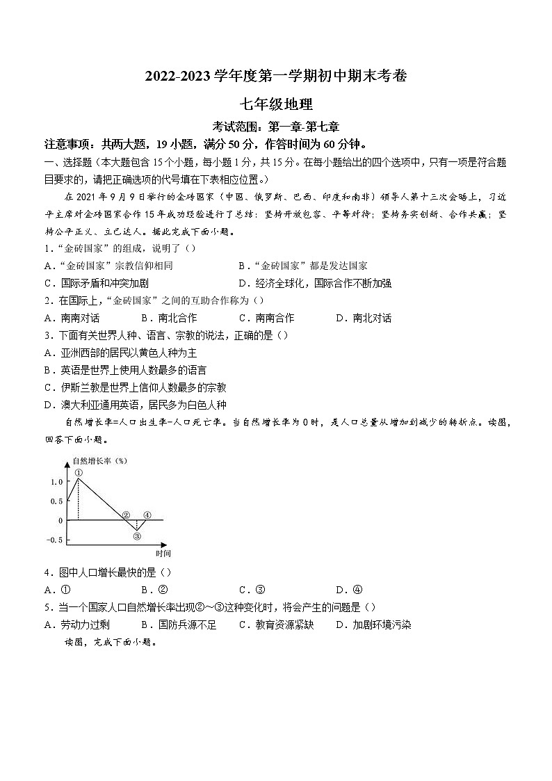 山西省朔州市多校2022-2023学年七年级上学期期末地理试题(含答案)第1页