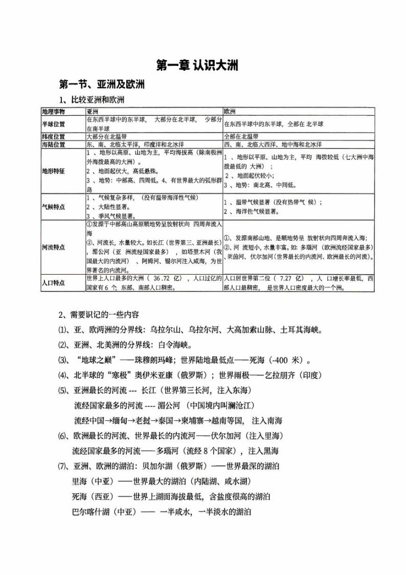 湘教版七年级下册《地理》全册知识点归纳梳理，考点整理，考前复习02