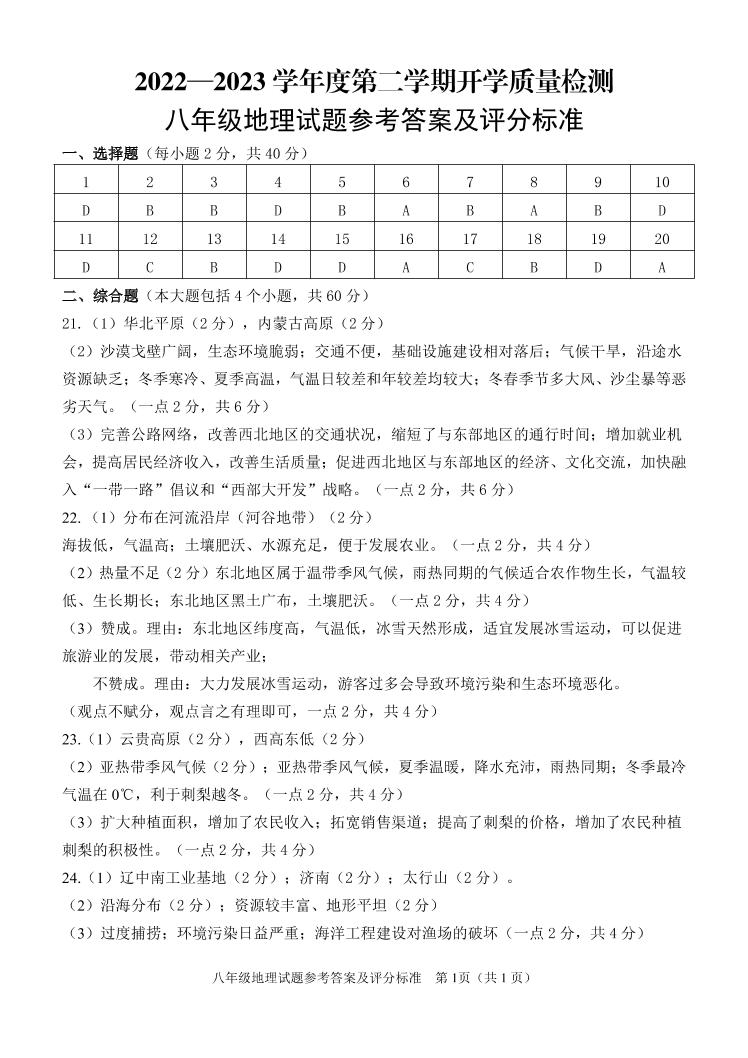 2022-2023学年度第二学期开学学情诊断八年级地理试题参考答案及评分标准