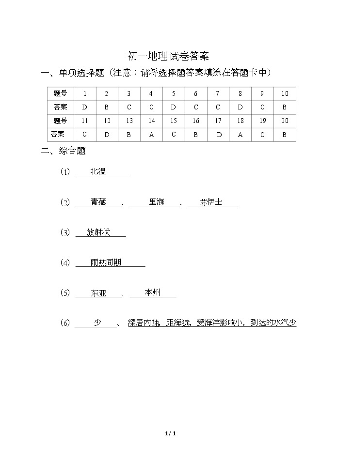 江苏省盐城市景山中学 2022-2023学年七年级下学期第一次课堂检测（月考）地理试卷（Word版含答案）01