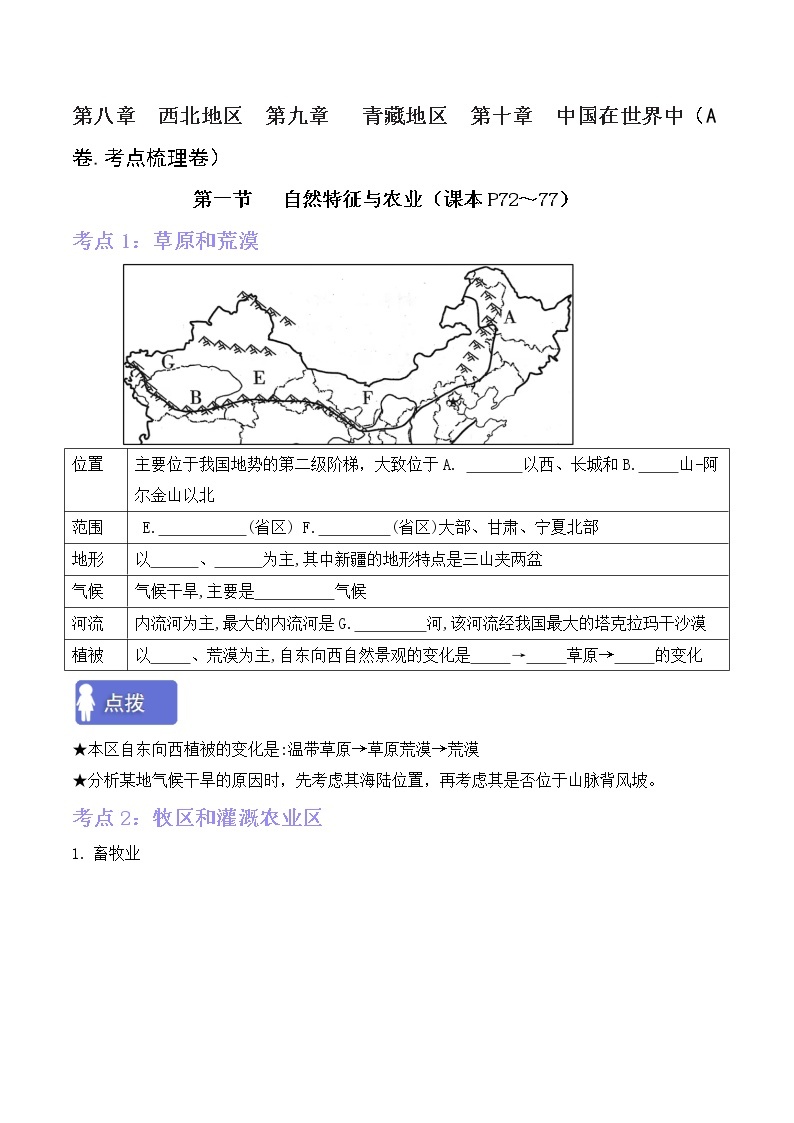 第八、九、十章西北、青藏地区和中国在世界中（考点梳理学案）——2022-2023学年八年级下册地理单元复习卷（人教版）01