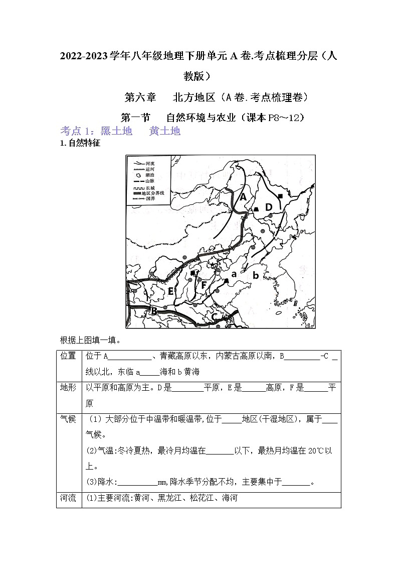 第六章北方地区(考点梳理学案)——2022-2023学年八年级下册地理单元复习卷(人教版)01