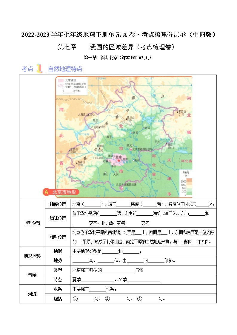 第七章  认识我国的区域（考点梳理学案）——2022-2023学年七年级下册地理单元复习训练（中图版）01