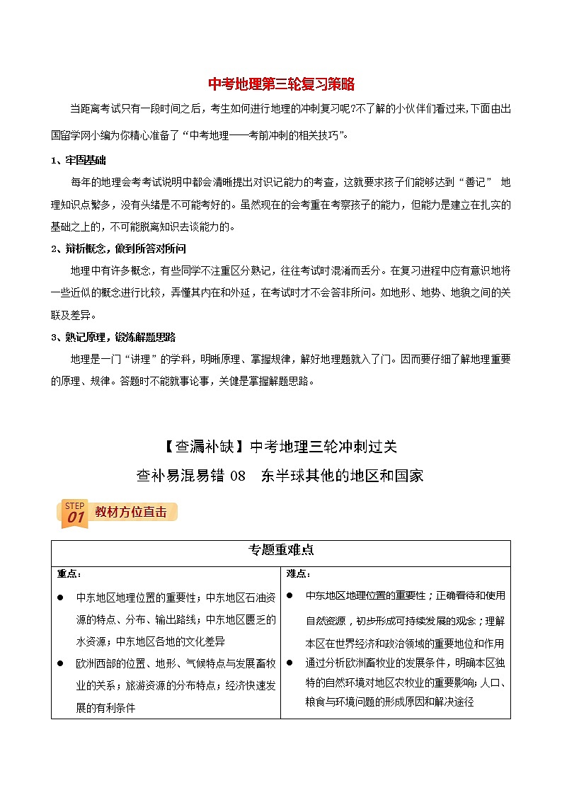 查補易混易錯點  專題08  東半球其他的地區(qū)和國家（教師版）第1頁