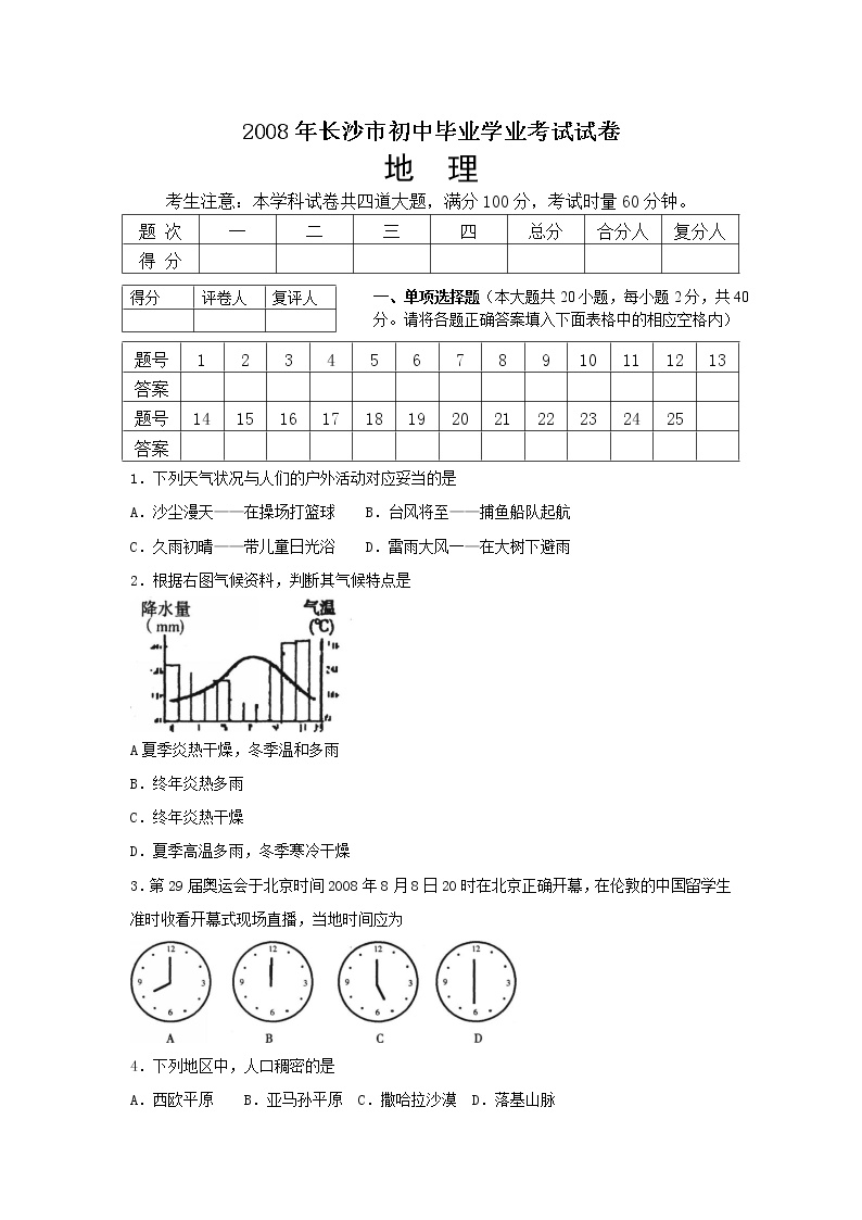 2008年湖南省长沙市初中学业水平考试地理中考真题及答案