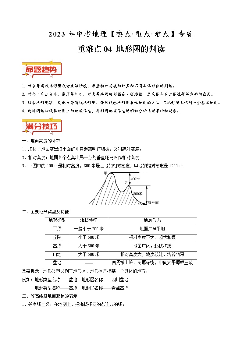 重难点04 地形图的判读（原卷版+解析版）-2023年中考地理【热点·重点·难点】专练