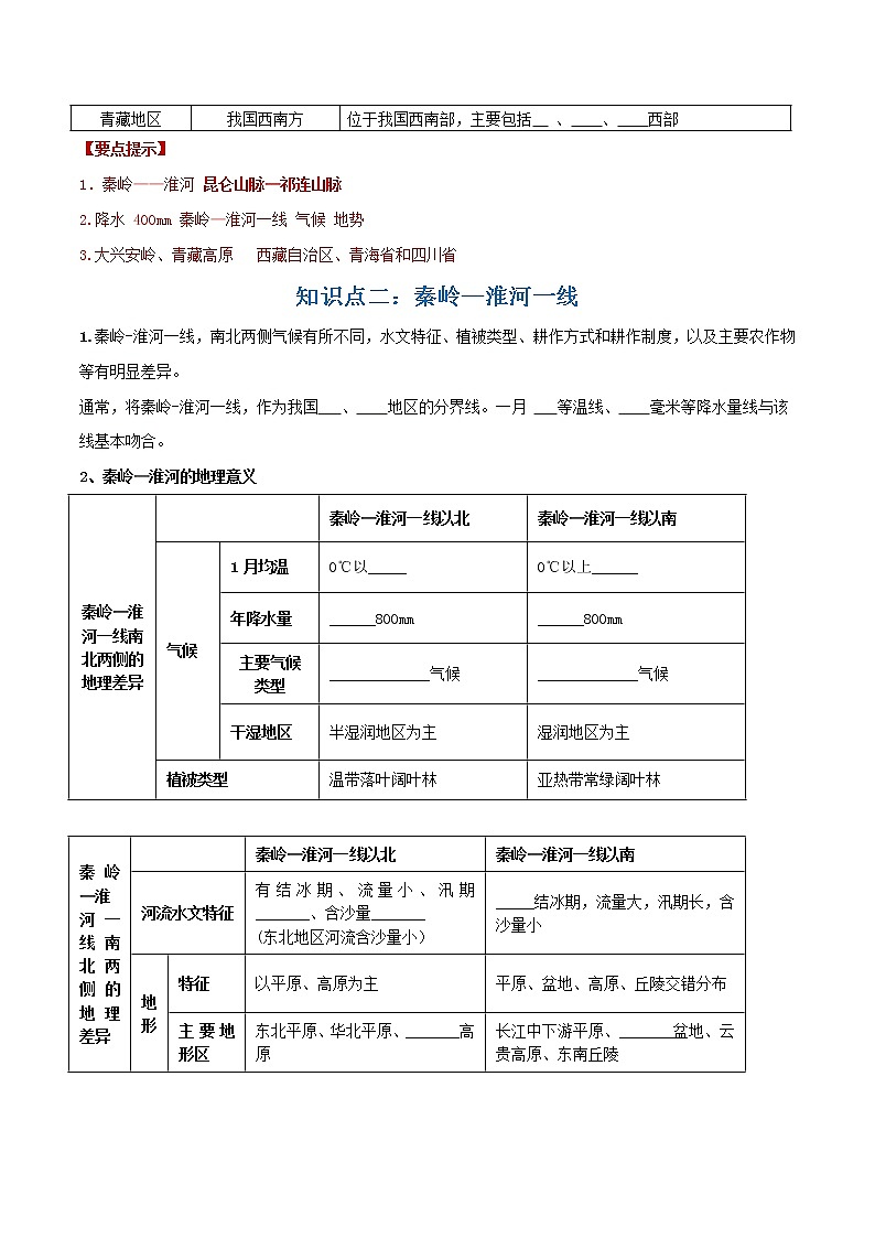 2022-2023年商务星球版地理八年级下册单元复习精讲精练:第五章中国四大地理区域划分(考点梳理)02