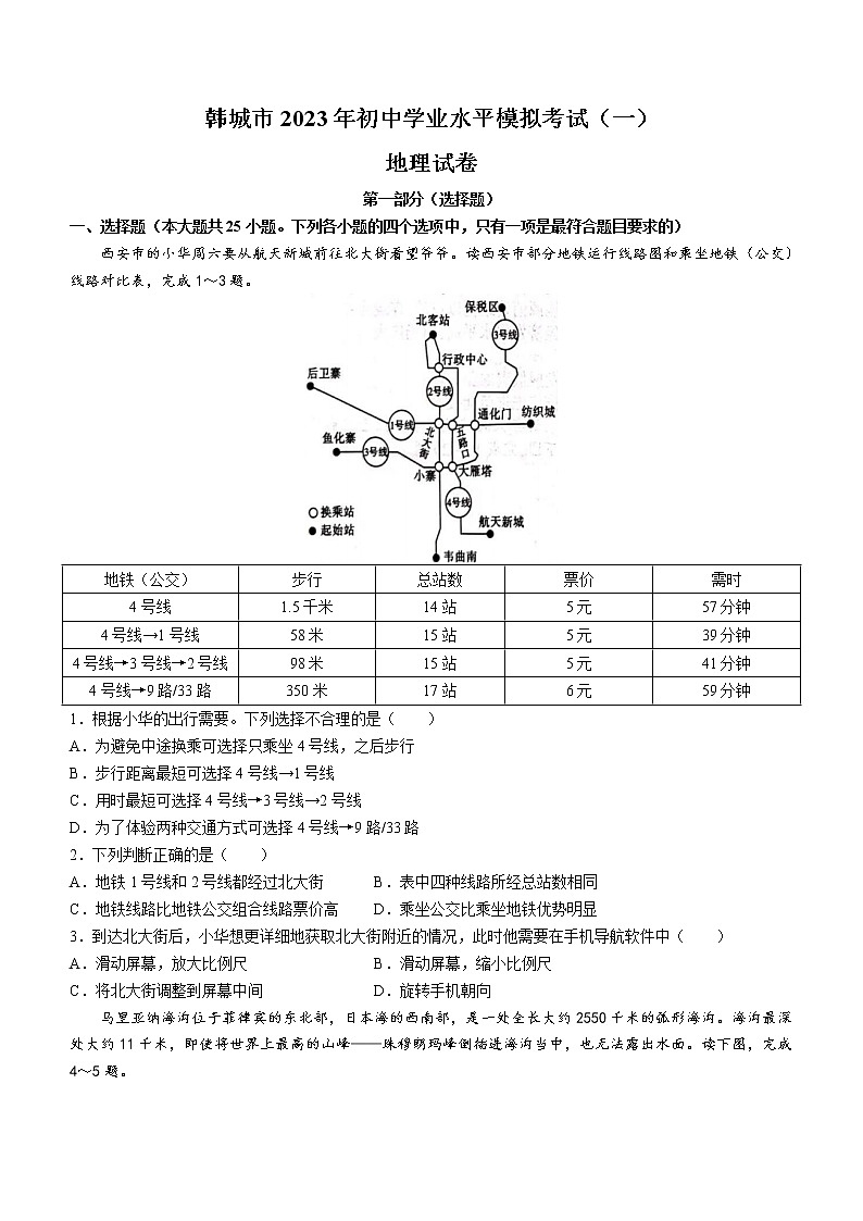 2023年陕西省韩城市初中学业水平模拟考试(一)地理试题(含答案)第1页