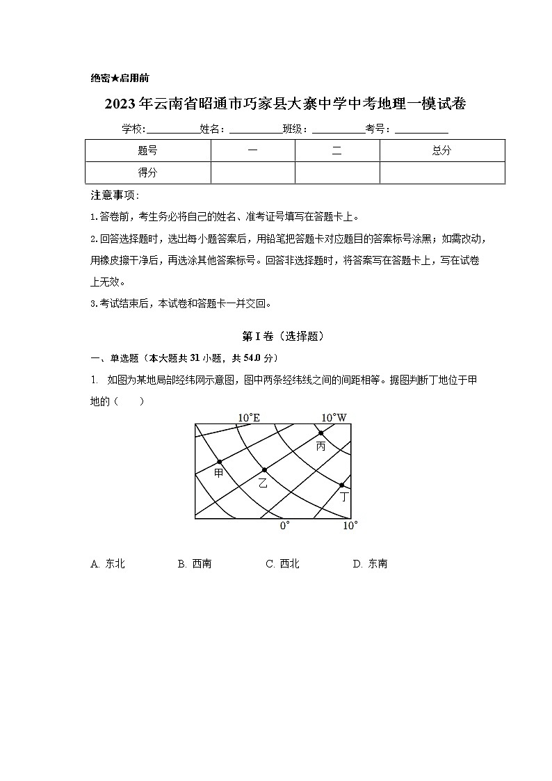 2023年云南省昭通市巧家县大寨中学中考一模地理试卷(含答案)01