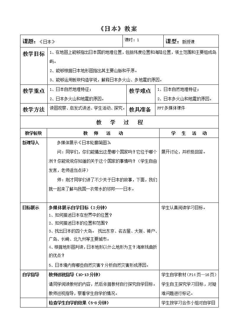 人教版初中地理七年级下册 第一节 日本 教案第1页