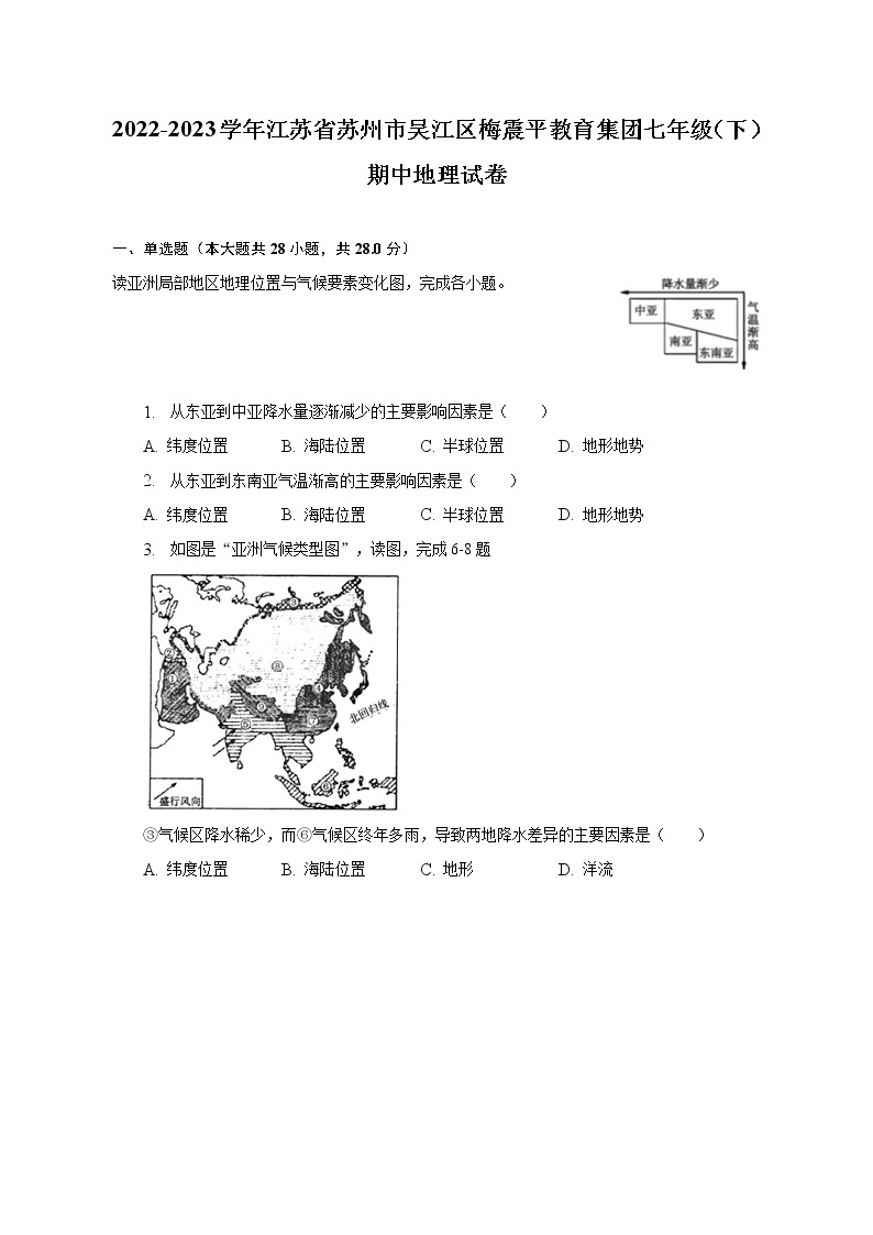 2022-2023学年江苏省苏州市吴江区梅震平教育集团七年级（下）期中地理试卷（含解析）01