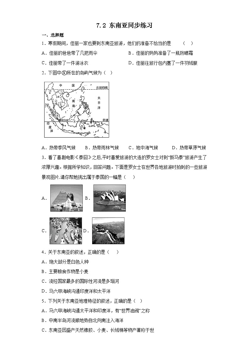 7.2东南亚同步练习2022-2023学年人教版地理七年级下册01