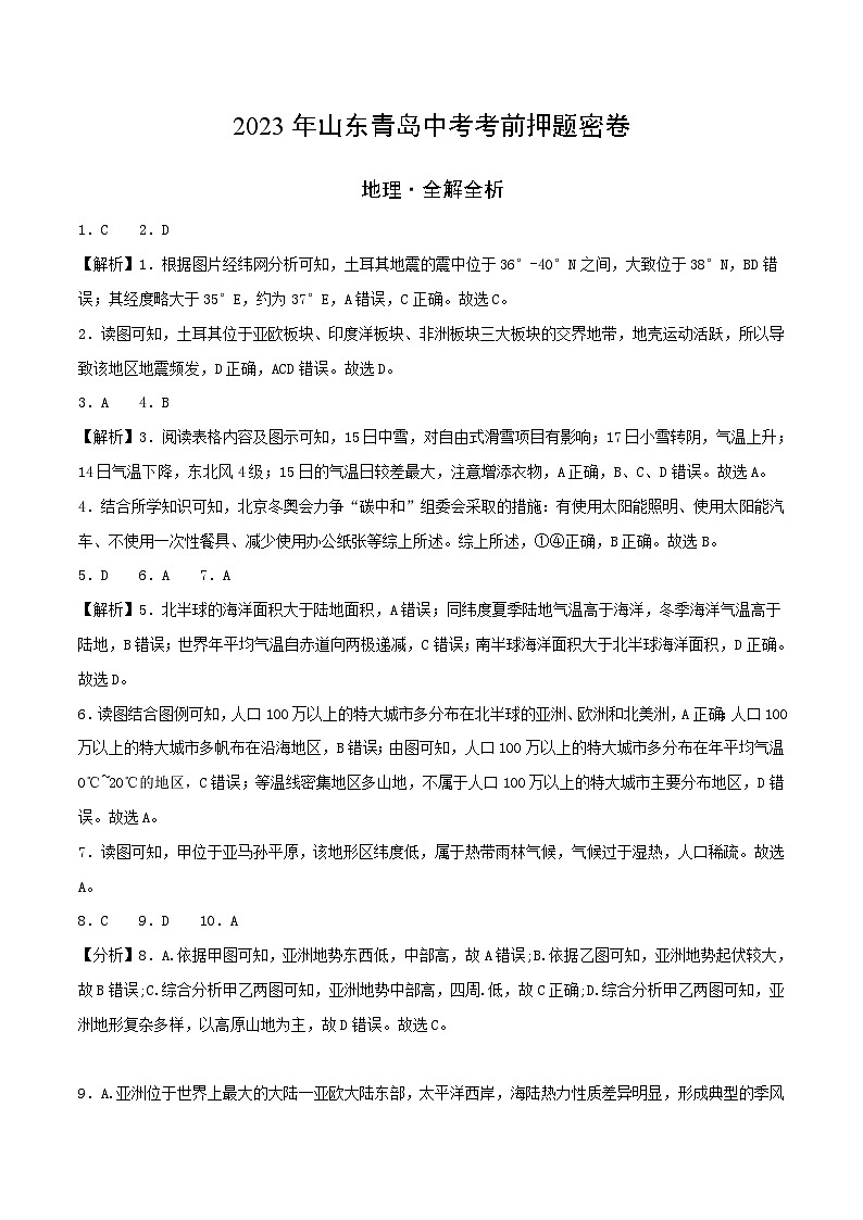 地理:2023年山东青岛中考考前押题密卷(全解全析)第1页