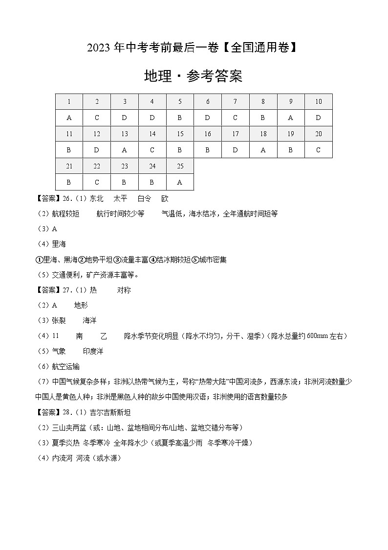 地理(全国通用卷)-【试题猜想】2023年中考考前最后一卷(参考答案)第1页