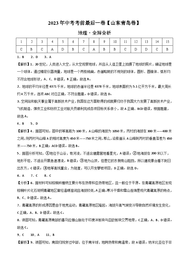 地理(山东青岛卷)-【试题猜想】2023年中考考前最后一卷(考试版+答题卡+全解全析+参考答案)01